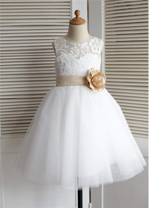 Ivory Lace Tulle Knee Length Flower Girl Dress Ivory Lace Tulle Knee Length Flower Girl Dress